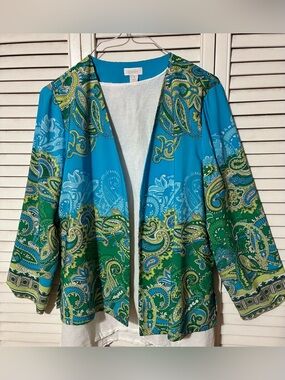 Chico's size 1 Vibrant Turquoise and Green Paisley Open Jacket.